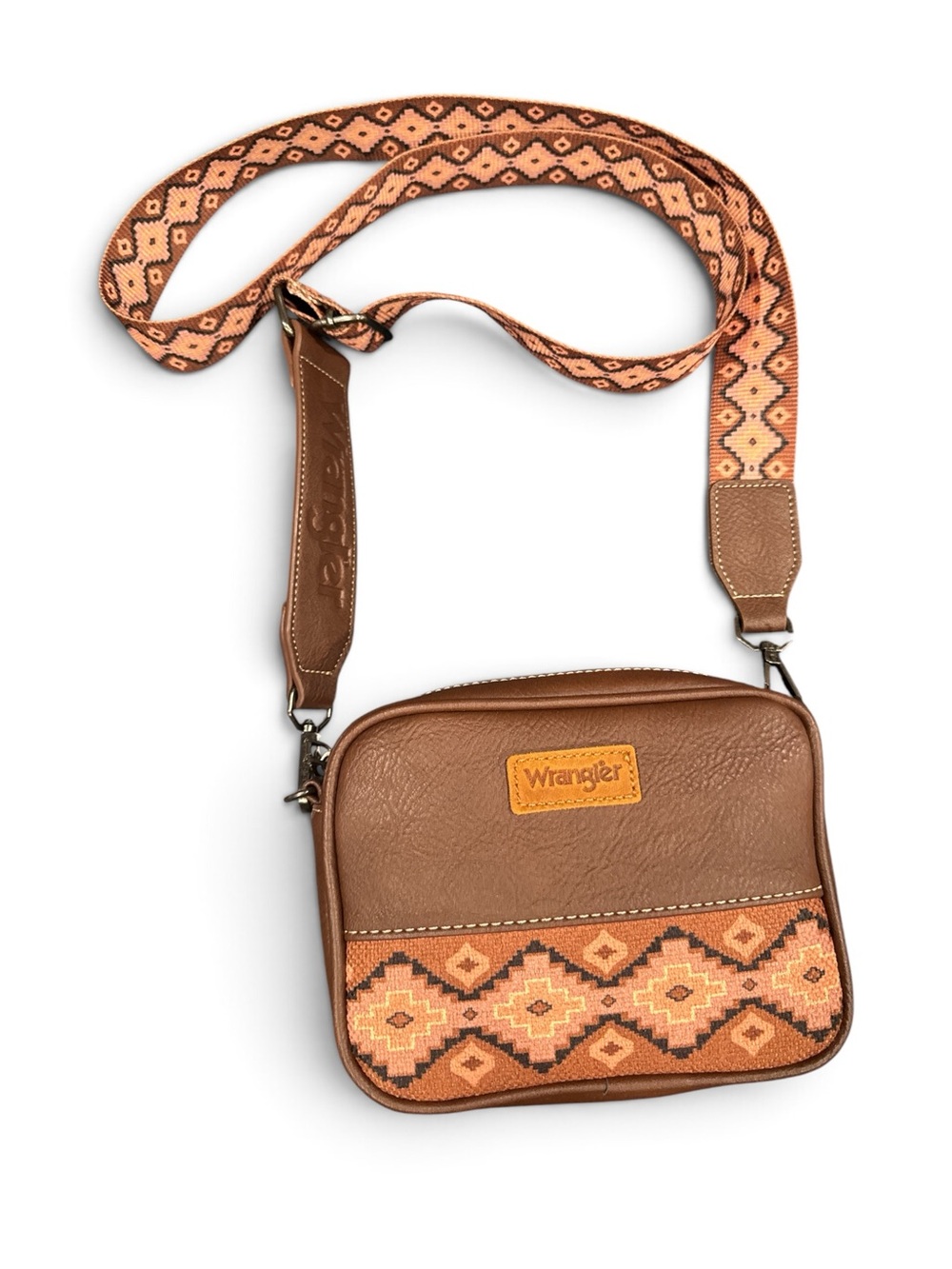 Wrangler Brown and Tan Crossbody Bag with Geometric Woven Strap